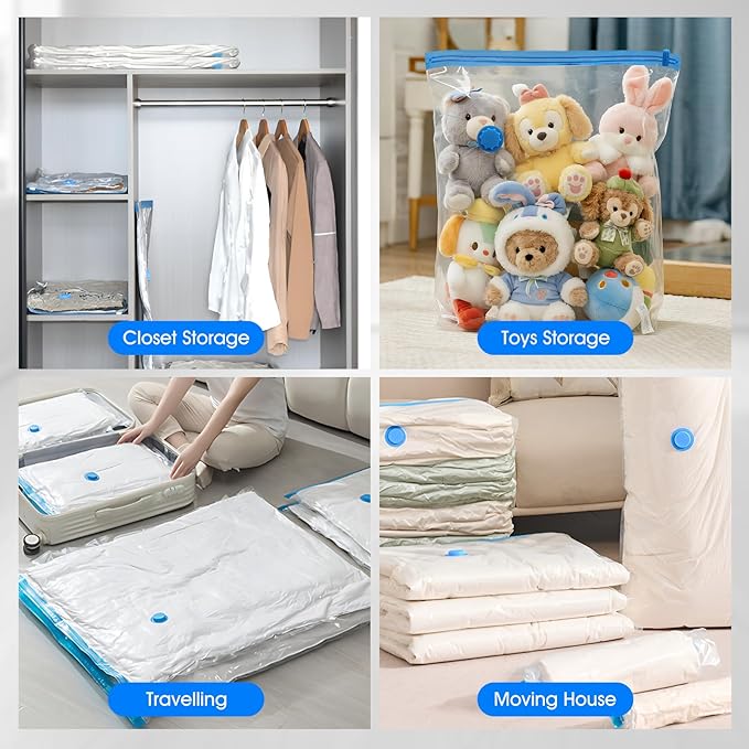 AROIC 50 Pack Vacuum Storage Bags, 5 Sizes + 2 Roll-up (8 Each) Space Saver Vacuum Sealer Bags for Clothing with 1 Electric Pump and 1 Hand Pump, Seasonal Storage Bags for Luggage, Travel Essentials
