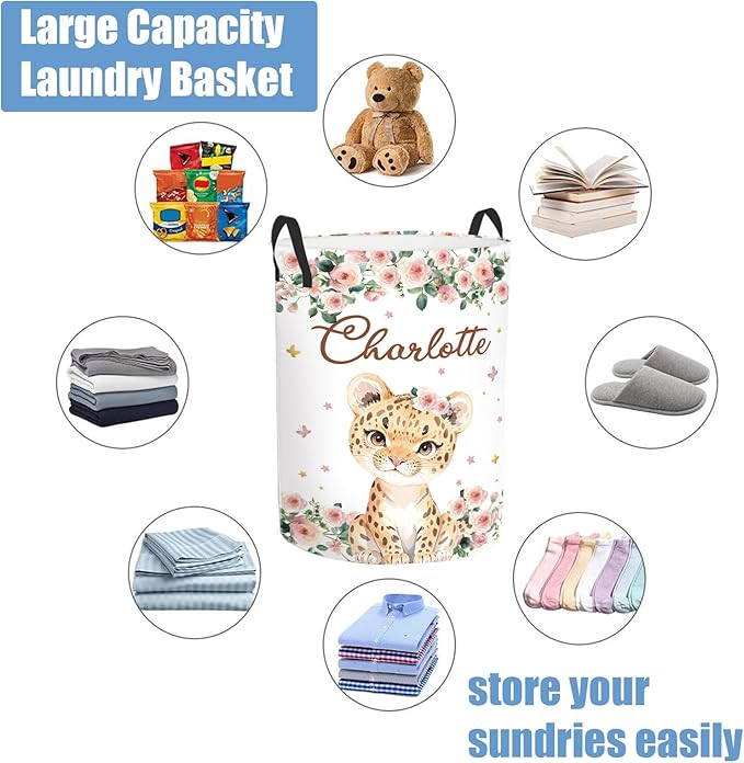 Custom Baby Girl Laundry Basket for Nursery, Personalized Name Pink Lion Baby Laundry Hamper with Handles, Customize Baby Clothes Hamper for Toddler Girls Adults 2 Sizes
