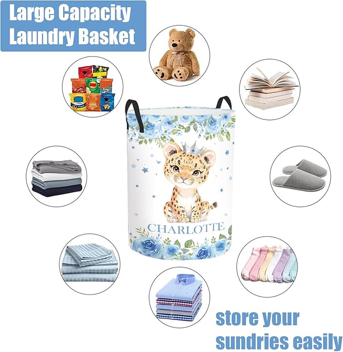 Personalized Laundry Basket for Kids Boys Girls Adults, Custom Name Lion Laundry Baskets for Nursery, Customize Blue Laundry Hamper, Personalized Gift with Baby Name 2 Sizes