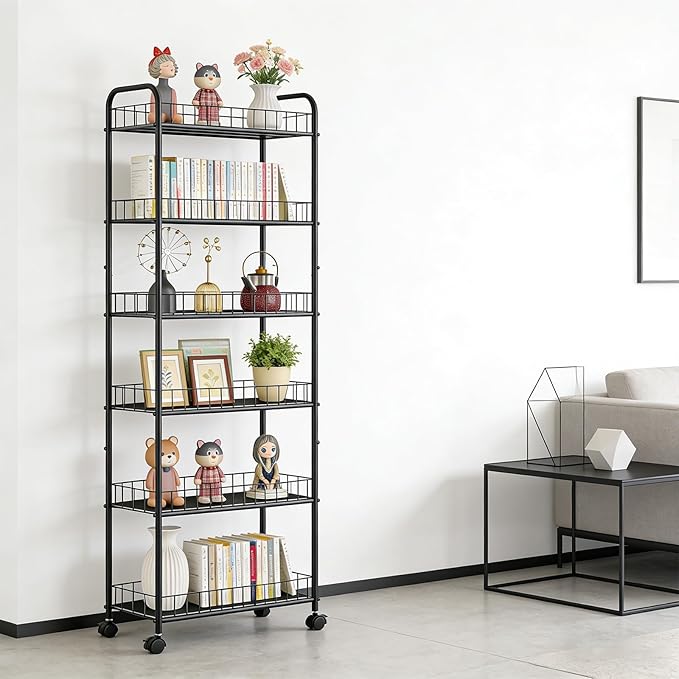 6-Tier Slim Storage Cart with Wheels,10in Wide Black Narrow Rolling Shelf,Sturdy Slim Storage Ideal for Kitchen, Bathroom, and Laundry Room