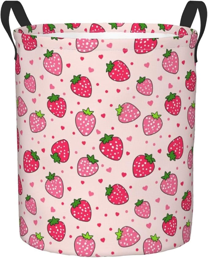 Dujiea Pink Strawberry Laundry Basket Round with Handle, Collapsible Foldable Canvas Storage Bin Dirty Clothes Bag for Laundry/Toys Organizer/College Dorm/Nursery/Decor(2 Sizes)