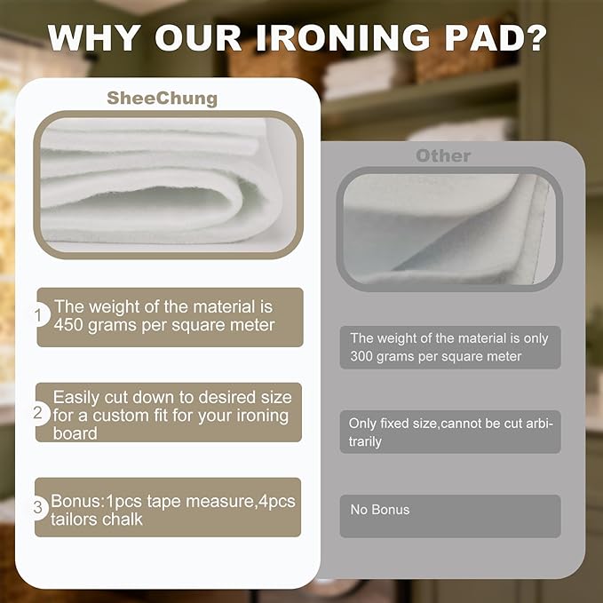 SheeChung Ironing Board Pad Only,Fit Ironing Boards Up to 57"x21",Cut to Desired Sizes,Ultra Thick Replaceable Ironing Padding,Universal Premium Felt Ironing Board Pad