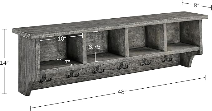Alaterre Furniture Pomona Entryway Organizer – Rustic Industrial 48-Inch Wall-Mounted Coat Rack with 6 Double Hooks & 4 Open Cubbies – Solid Wood Mudroom Storage for Apartment or Hallway (Slate Grey)
