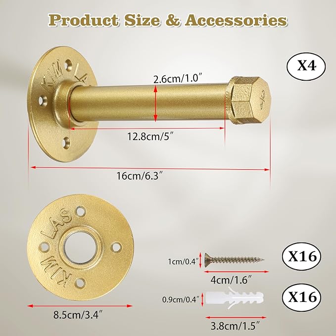 BTSKY 4 Pack Gold 6 Inch Iron Industrial Pipe Clothes Rack with Screws, Heavy Duty Wall Mounted Clothing Hanging Rod Shelving Brackets for Laundry Room Retail Store