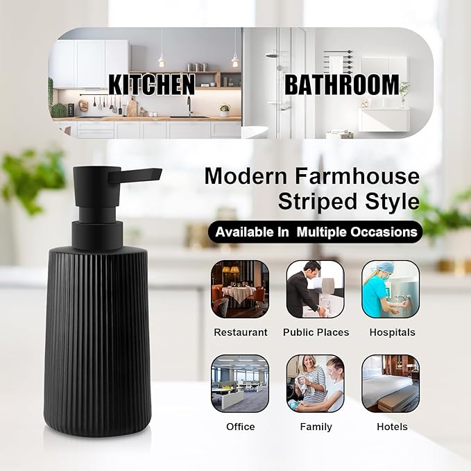 Glass Soap Dispenser for Bathroom, 250ml/8.5oz Dish Soap Dispenser with Pump for Kitchen, Modern Minimalist Stripe Style Hand Soap Dispenser, Small Refillable Soap Dispenser (Black 1pc)