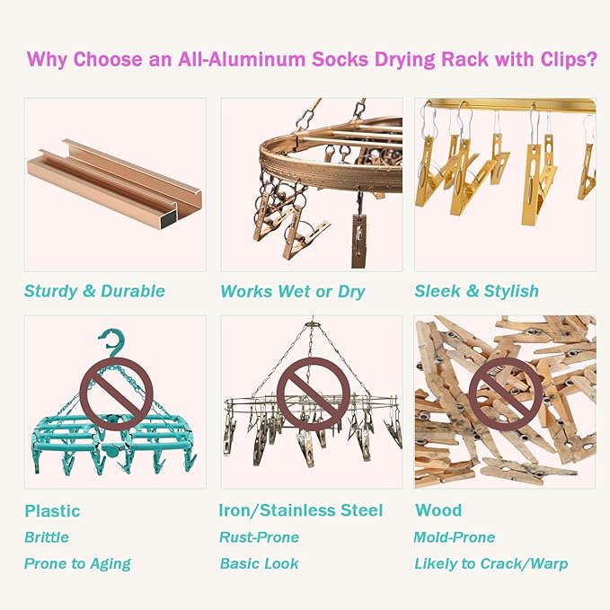Sock Drying Rack with 26 Non-Slip Clips - Aluminum Hanging Drying Rack for Underwear, Baby Clothes & Delicates | Oval Design & Wind-Resistant Hooks (Champagne Gold) - 2 Pack