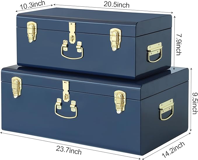 Vixdonos Decorative Large Metal Box Storage Trunk Chest Set of 2 College Dorm Organizer with Hardware Hasps and Handle for Home Deocr,23.7X14.2X9.5 Inches,Dark Blue
