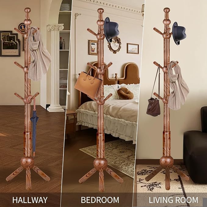 Wooden Coat Rack Stand, 100% Natural FAS Ash Wood Coat Rack Freestanding, Coat Racks with Stable Sphere Triangle Base,Classic Coat Racks with 9 Hooks, Wood Entryway Coat Hall Tree Hanger Stand