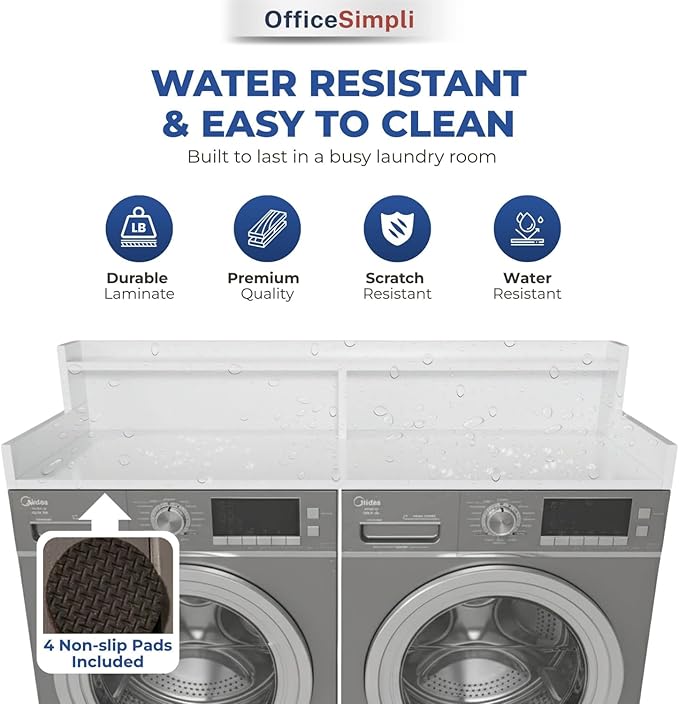 OfficeSimpli Large Washer Dryer Countertop with Shelf - 30 x 58 Inch - Made in USA Laundry Countertop Over Washer and Dryer with Non-Slip Pads, Storage Shelf, Laundry Topper Organizer, Gracier White