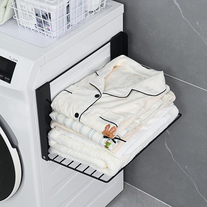 Magnetic Multi-Purpose Organizer Shelf – Space-Saving Side Storage for Washing Machine, Fridge & Bathroom, Folding Towel Rack for Laundry Room & Camper Sink Area – Black
