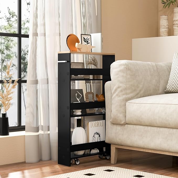 4-Tier Slim Rolling Storage Cart, Wooden Kitchen Utility Cart with Wheels & Handle, Space Saving Trolley, Slide Out Shelving Unit for Narrow Spaces, Laundry, Bathroom (Black + Natural)