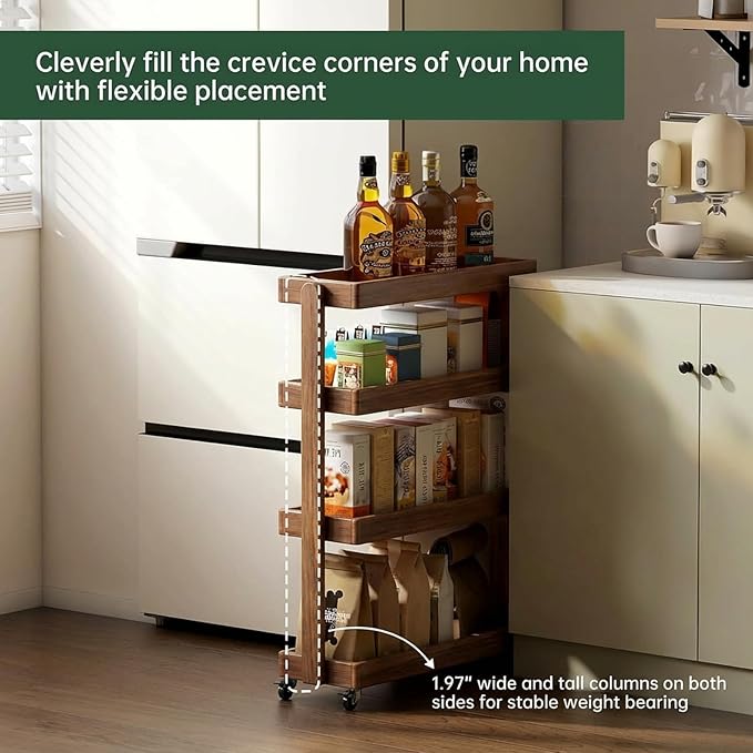 4-Tier Rolling Utility Cart with Lockable Wheels – Solid Oak Mobile Storage Trolley & Shelving Organizer for Kitchen, Living Room(Walnut, 7.87" D x 15.75" W x 31.89" H)