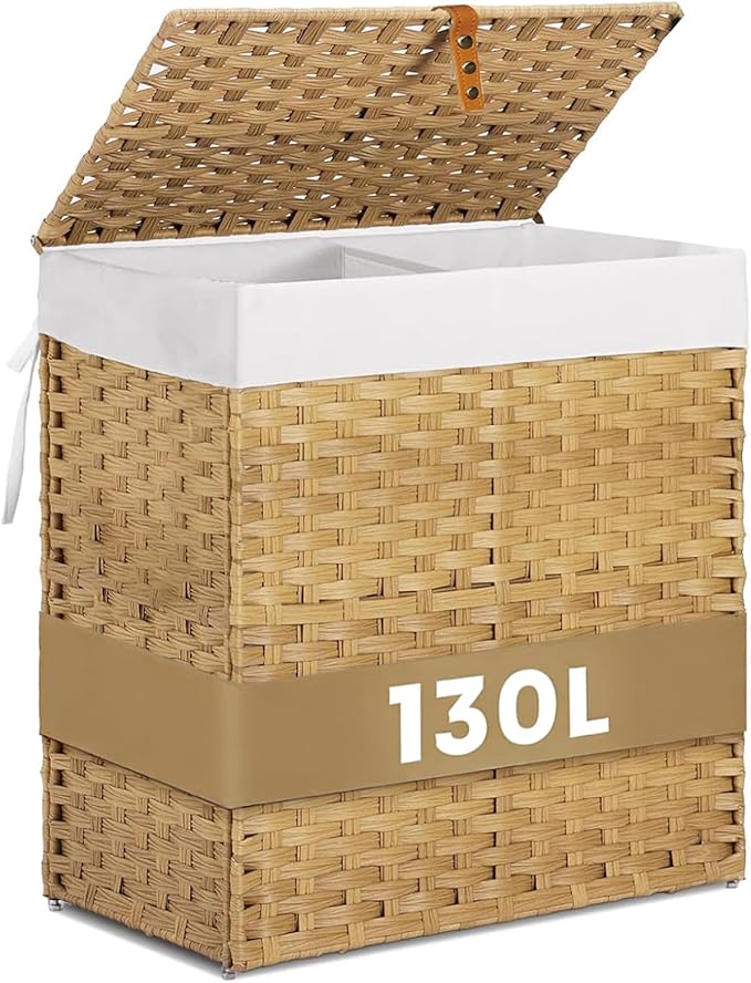 Wicker Laundry Hamper with Lid,34 Gal(130 L) Rattan Laundry Basket 2 Sections with Lid, Removable Machine Washable Line, Large Clothes Hamper with Handles for Bathroom Bedroom, Yellow