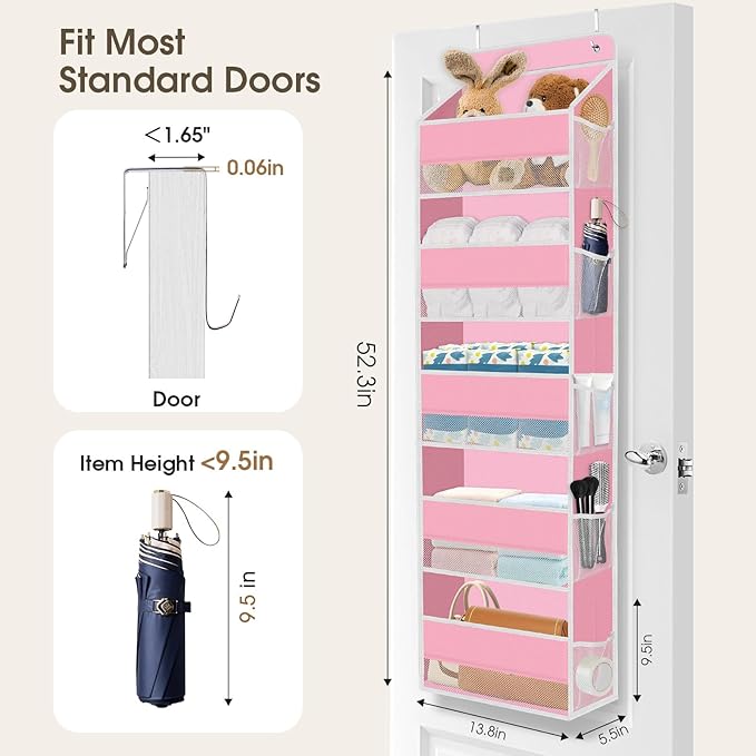 2 Pack Over The Door Organizer Hanging Storage Organizers with Clear Window 40lb Large Capacity Room Organizer for Pantry Laundry Bathroom Nursery Closet(Pink)
