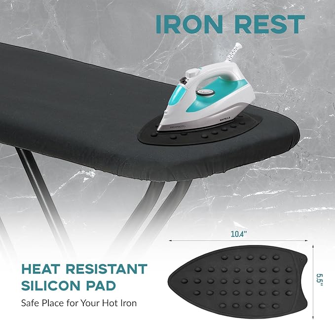 Ironing Board 48x15, Wide Heavy Duty Full Size Ironing Board, Sturdy Iron Table with Smart Hanger, Heat-Resistant Silicone Pad Iron Rest, Black