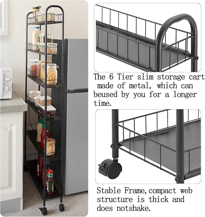 6in 6 Tier Slim Storage Cart with Wheels, Black Narrow Space Rolling Shelving Unit with Handle, Metal Wire Mobile Organizer Rack for Kitchen Bathroom Office Laundry