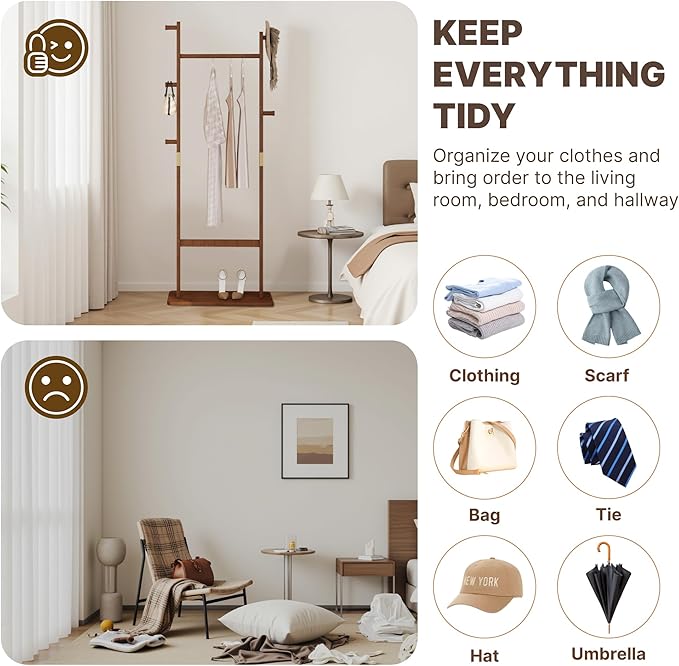 CHANCEE Solid Wood Coat Rack, Freestanding Clothes Rack with Shoe Storage, Heavy-Duty Hall Tree with 5 Hooks, Corner Coat & Hat Stand for Bedroom, Entryway, Living Room, Hotel