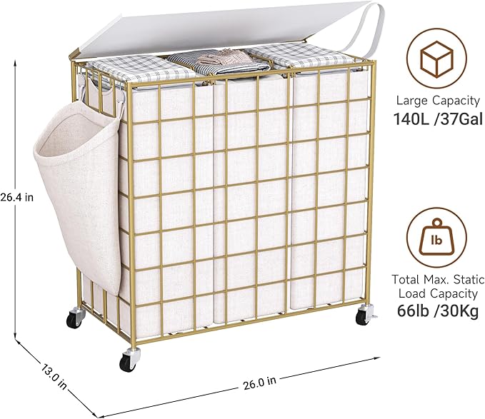 Laundry Basket with Wheels, Heavy Duty Laundry Sorter 3 Sections, 140L (37Gal.) Large Capacity Laundry Hamper with Wood Lid, 360 Rolling Wheels, Extra Side Pocket, Leather Pull Handle, Golden+Beige