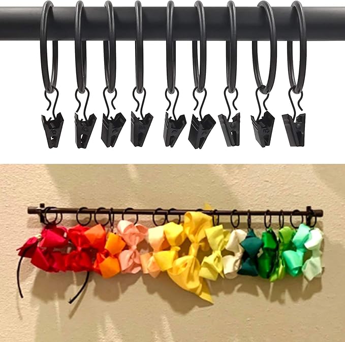 40 Pack Black Curtain Rings with Clips, Curtain Hooks Hangers Clip Rings for Hanging Drapes Bows Hat, Drapery Rings 1.77 in I D, Fits up to 1.5 in Diameter Curtain Rod.