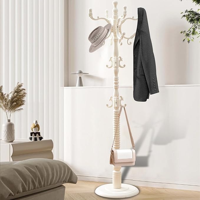 Wooden Coat Rack Free standing 18 Hooks, Vintage Coat Rack Stand for Entryway, Adjustable Height 73", Heavy Duty Coat Tree with Solid Round Base for Home Bedroom, Office (vintage White)