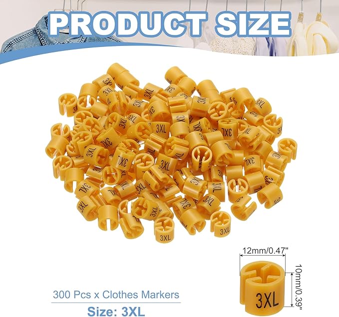 PATIKIL 300 Pcs Clothes Hanger Markers 3XL Fit Rod Garment Size Tag Hanger Clips Round Color Coding Label for Clothing, Yellow