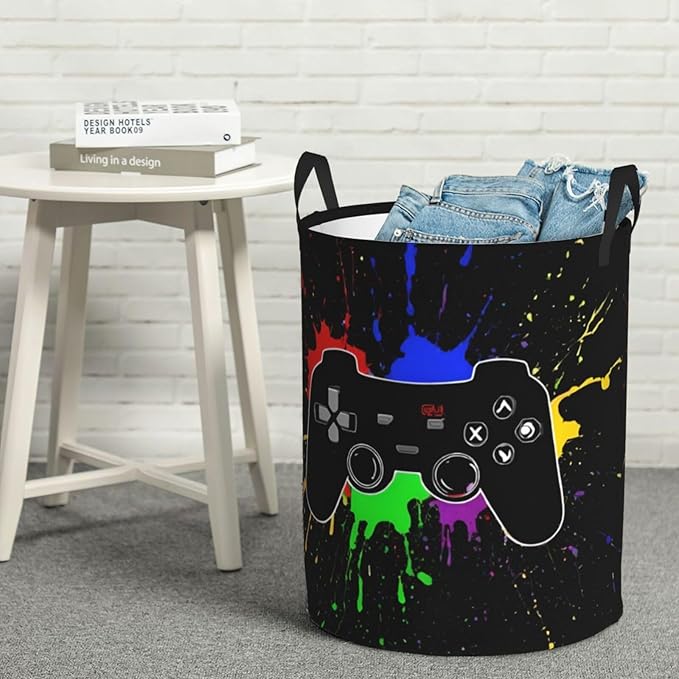 Game Joystick Round Laundry Hamper Gaming Storage Basket Toys Clothes Organizer Bin For Home Bathroom Bedroom Dorm Nursery, 38l