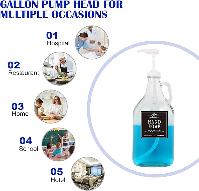 6 Packs Gallon Pump Dispenser, Leak Proof Dispenser for Hand Soap, Laundry Detergent, Sanitizer, Shampoo - 128 OZ Capacity - 38/400 Plastic Gallon Pump Dispenser for Household & Commercial White
