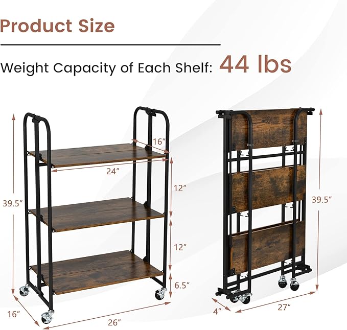 Giantex Foldable Storage Shelves with Wheels, No Assembly 3-Tier Rolling Cart, 2 of The Wheels Have Locks, Microwave Utility Cart Baker Rack, Portable Storage Rack w/Metal Frame, for Kitchen, RV
