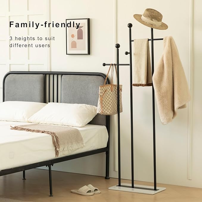 Standing Coat Rack with Marble Base Heavy Duty Clothes Hanger Rack Metal Coat Tree for Clothes Hats Scarfs Purses 19.69 x 11.02 x 68.9 Inches (Black)