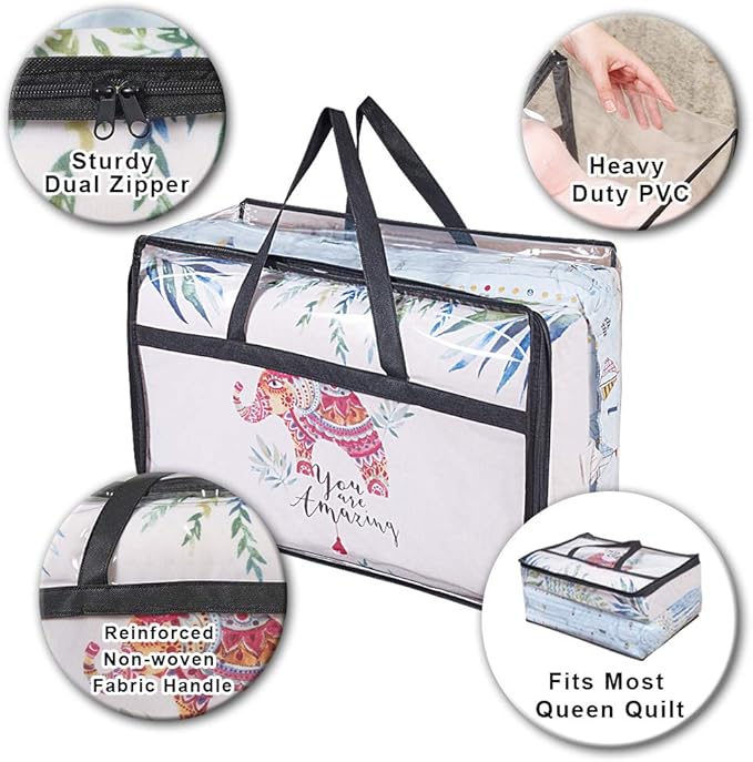 Clear Clothes Storage Bag Organizer with Reinforced Handle, Vinyl Storage Bags for Comforter, Blanket, Bedding, Toys, Transparent Moving Totes with Sturdy Dual Zippers, 3 Pack, 55 L, Black