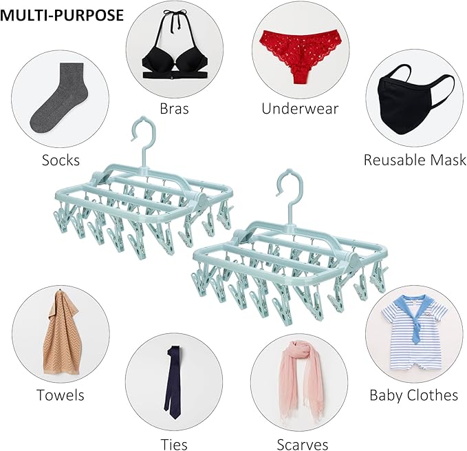 Foldable Clip Hangers with 26 Drying Clips, Underwear Hanger with Clips, Plastic Laundry Clip and Drip Drying Hanger for Socks, Bras, Lingerie, Clothes, Sturdy, Blue, 2pc