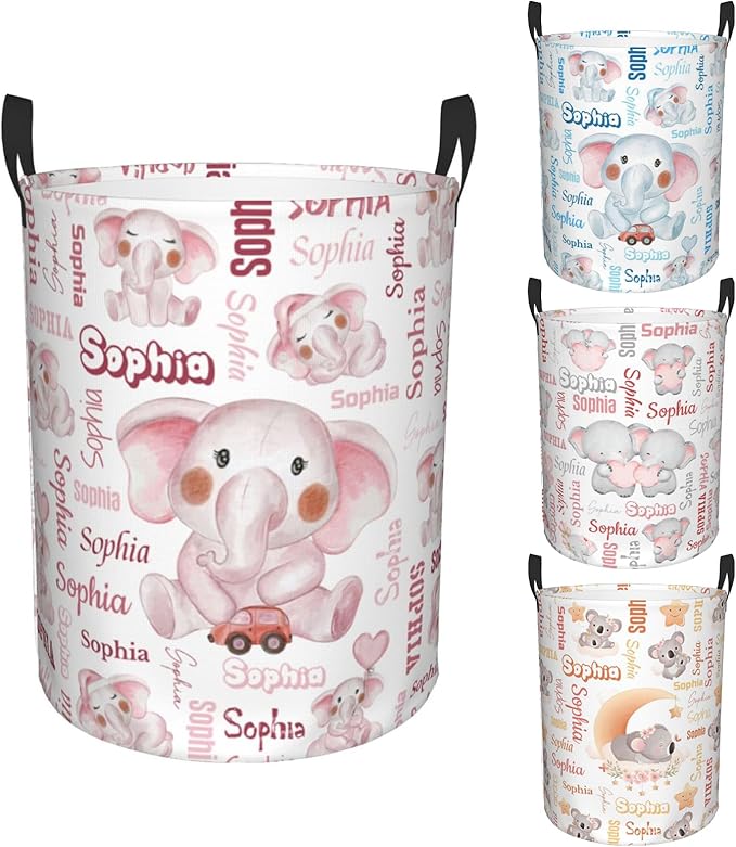 Custom name Laundry Hamper, Customizable Elephant Laundry Hampers, Personalized Elephant laundry basket, Customized Dirty Clothes Hamper with name for Bedroom Bathroom Barbershop Living Room