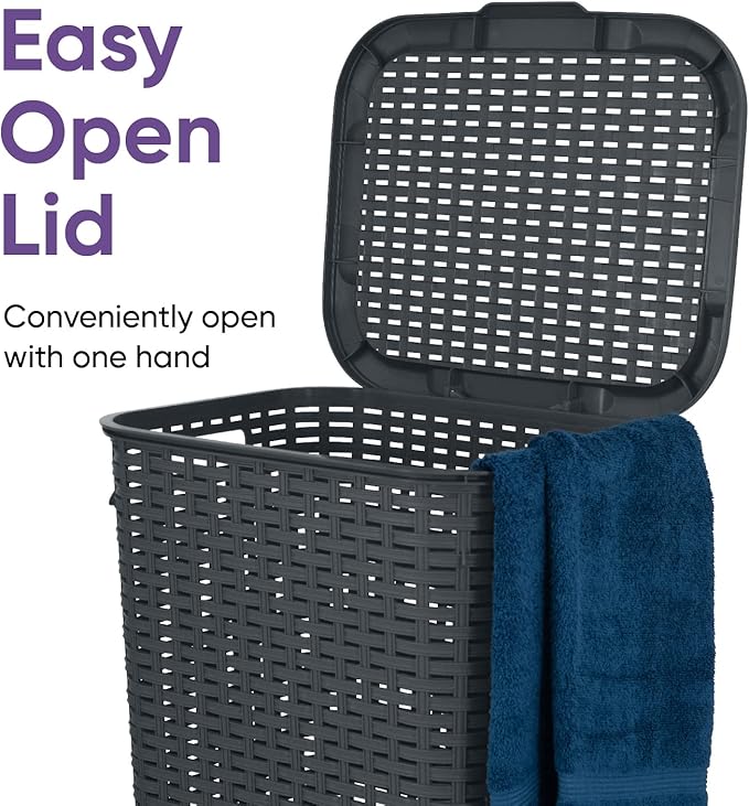 Plastic Laundry Hamper with Lid Laundry Hamper Basket, Grey Tall Cloths Hamper Organizer with Cut-out Handles. Space Saving for Laundry Room Bedroom Bathroom, Wicker Design 60 Liter