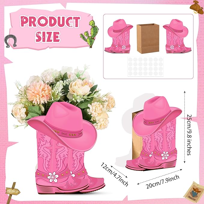 Domensi 8 set Western Cowboy Boots Flower Boxes Centerpiece Boot Shape Box Decorations Western Theme Party Boot Gift for Cowboy Cowgirl Birthday Party Baby Shower Wedding Supplies (Pink,Cute)