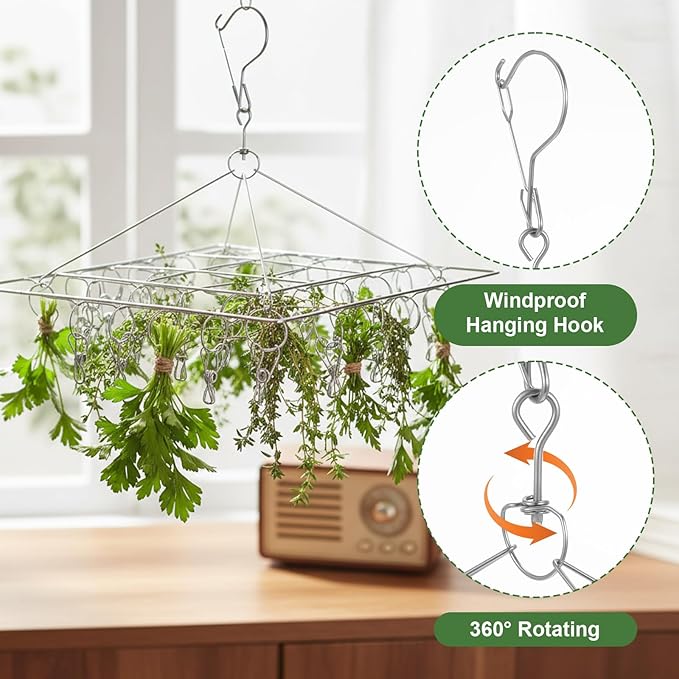 4 Pieces Stainless steel Hanging Drying Rack Two Kinds, Two of Each, Square and Round Stainless Steel with 30 Hooks, Space-Saving for Fresh and Aromatic and Clothes