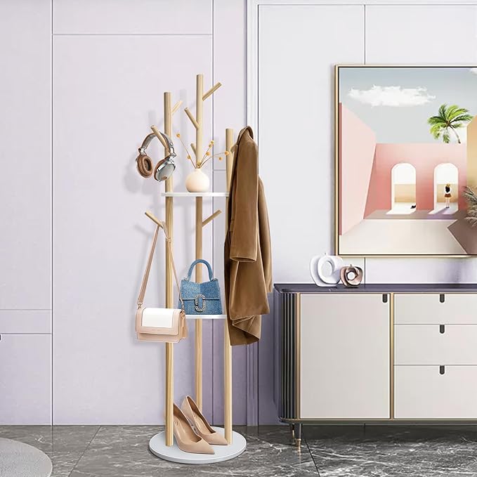 LIWSHWZ Solid Wood Coat Rack Freestanding,Coat Hanger Stand with 3 Shelves and 9 Hooks,Hall Tree for Bedroom, Entryway, Livingroom, Coat Hanger Stand for Coats, Scarves, Handbags