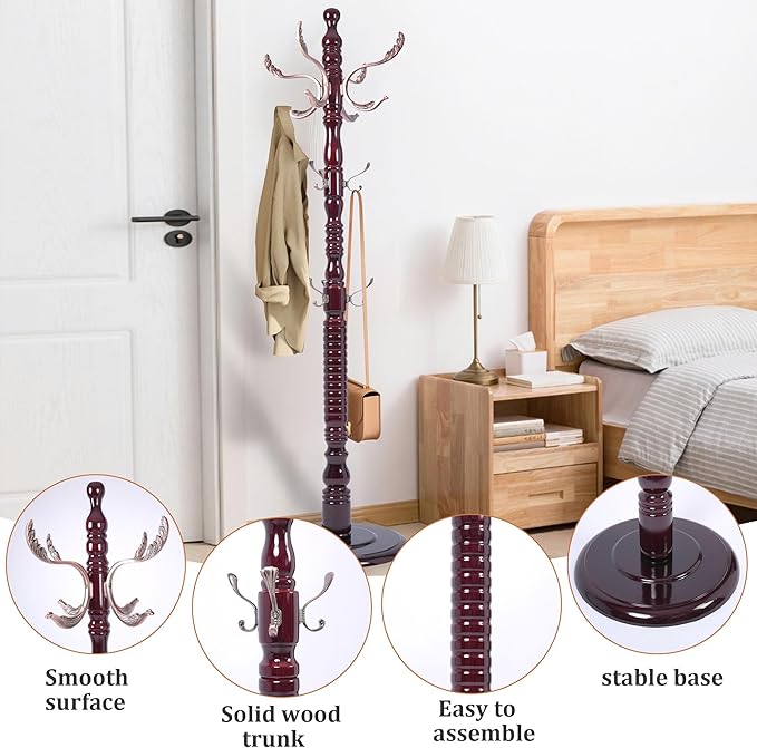 Free Standing Coat Rack with 14 Hooks, Vintage Wooden Coat Tree, Adjustable Height 73 Inches, Retro Coat Stand for Entryway, Living Room, Office & Bedroom (Mahogany) (Metal, 1 PCS)