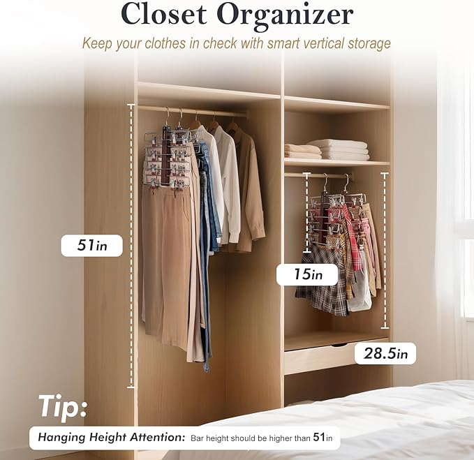 HOUSE DAY Skirt Hangers Space Saving 1 Pack, Double Row 4-Tier Non-Slip Hangers with Clips for Skirts, Shorts, and Pants - Lotus Wood Clip Hanger for Women - Closet Organizers and Storage (Mahogany)