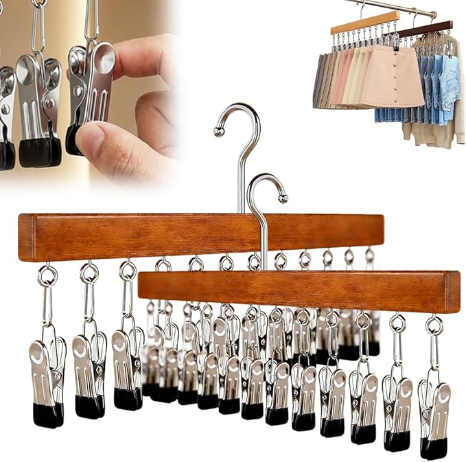 Closet Organizer with 12 Clips, Legging Organizer for Closet, Leggings, Jeans, Hats, Shorts, Socks, 360° Rotating Space Saving Hanging Clothes (Vintage 12 Clips, 2Pcs)