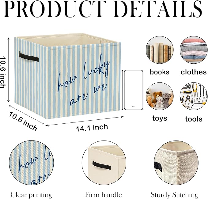 Blue Preppy Inspirational Storage Bin Box with Handles, How Lucky Are We Trendy Striped Foldable Baskets Organizer for Girls Bedroom Bathroom Clothes Toys Books, Toybox for Girls