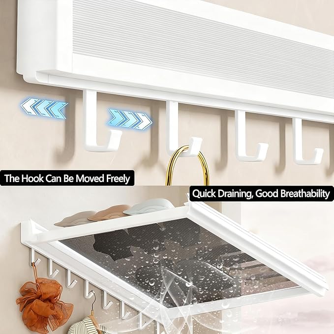 LETINE Wall Mounted Drying Rack: Retractable Indoor Clothes Drying Rack – Aluminum Alloy Frame w/Soft Mesh Surface. Laundry Rack & Temp Shelf for Balcony, Bathroom, Kitchen. (White, M)