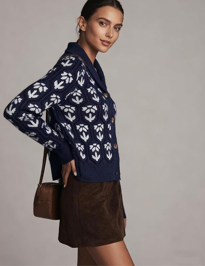 Women Floral Cropped Cardigan Sweaters Shawl Collar Long Sleeve Button Down Knit Jacket Flower Print Knitwear