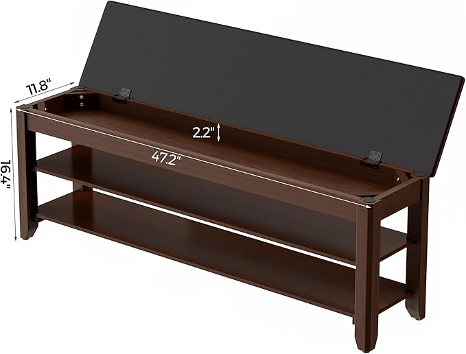 Shoe Rack Bench with Flip-Top Storage, Solid Wood Entryway Bench with Cushion, Adjustable Shelf, for Hallway, Mudroom, Closet – Walnut, 47.2"