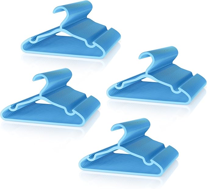 Plastic Kids Hangers - 100 Pack Non-Slip Baby Clothes Hangers for Closet, Toddler & Newborn Clothing Pants, Skirts, Coats (Blue)
