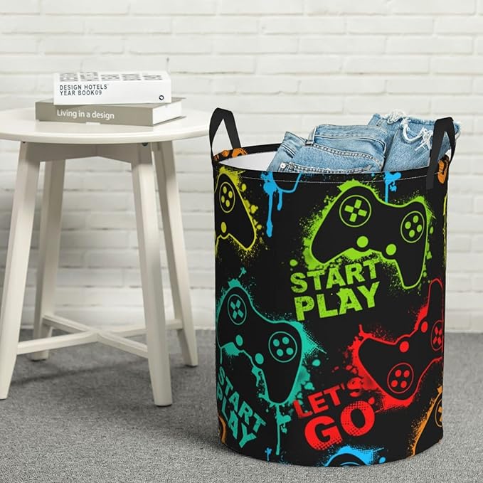 Colorful Silhouettes Game Joysticks Round Laundry Hamper Storage Basket Toys Clothes Organizer Bin For Home Bathroom Bedroom Dorm Nursery, 62L