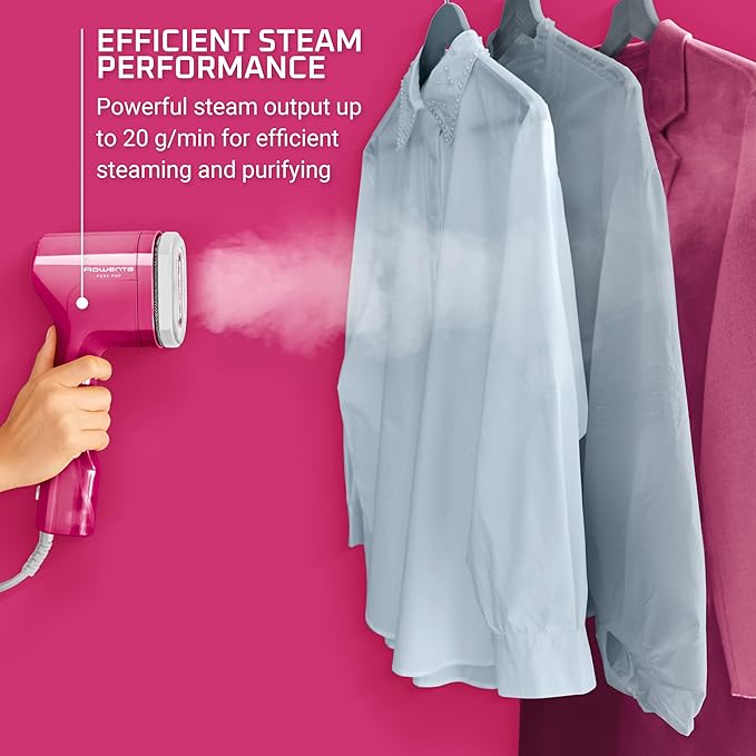 Rowenta, Steamer for Clothes, PurePop Handheld Steamer, 1.5Lbs, 15 Second Heatup, 2.3 Oz Capacity, 1150 Watts, Ironing, Pink Clothes Steamer, Vacation Essentials, Travel Must Have, DR2023