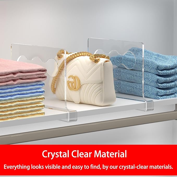 Clear Shelf Dividers for Closet, 4 Pack Plastic Closet Shelf Organizer, Vertical Purse Organizer for Handbags, Clothes, Towels, Clear Closet Dividers for Wood Shelves, Kitchen, Bedroom, Office Storage