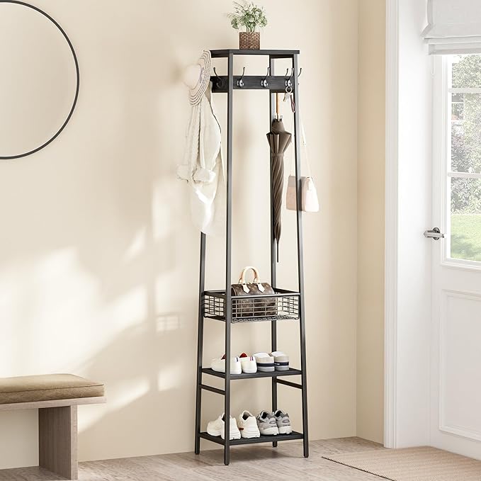 Coat Rack Freestanding, Coat Stand with Metal Basket and Storage Shelves, Hall Tree Free Standing With and 7 Hooks, Clothes Rack Stand Organizer, Black