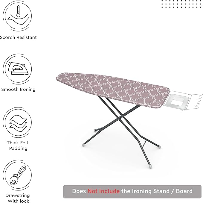 Encasa XO Ironing Board Cover and Pad 54"x15" - Thick 3mm Felt Padding, Drawstring Tightening & Lock, Easy Fit, Scorch & Stain Resistant, Fits Standard Large Ironing Board - Mauve Tiles