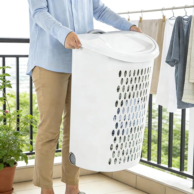 Basket Collection Lidded Wheeled Plastic Laundry Basket Adult-Sized with Handle - for Bedrooms, Dorm Rooms & Laundry Rooms, White